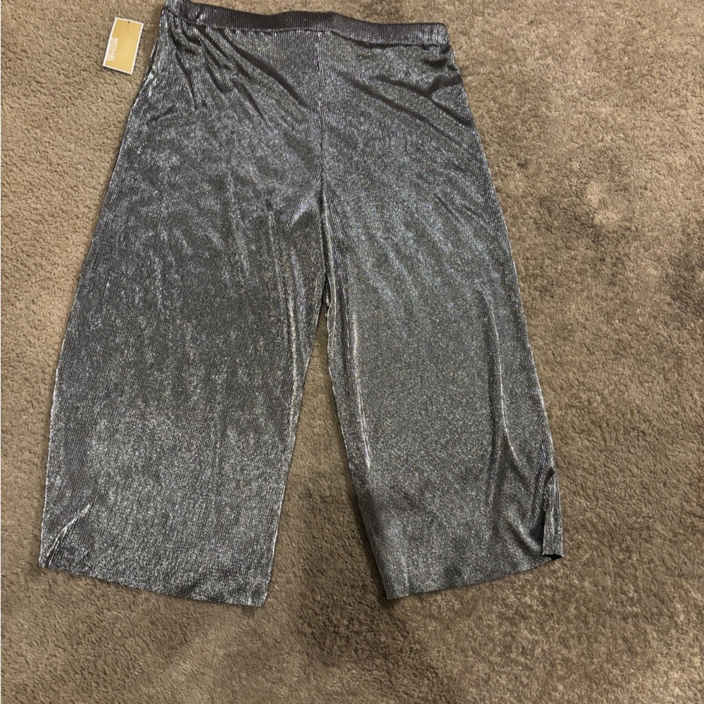 Michael Kors Metallic Wide-Leg Cropped Pants - Silver